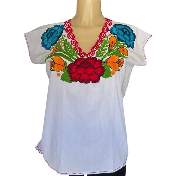 MEXICANA Tops - Embroidered Mexican Blouse White Artisanal Floral Top from Chiapas Folk Art